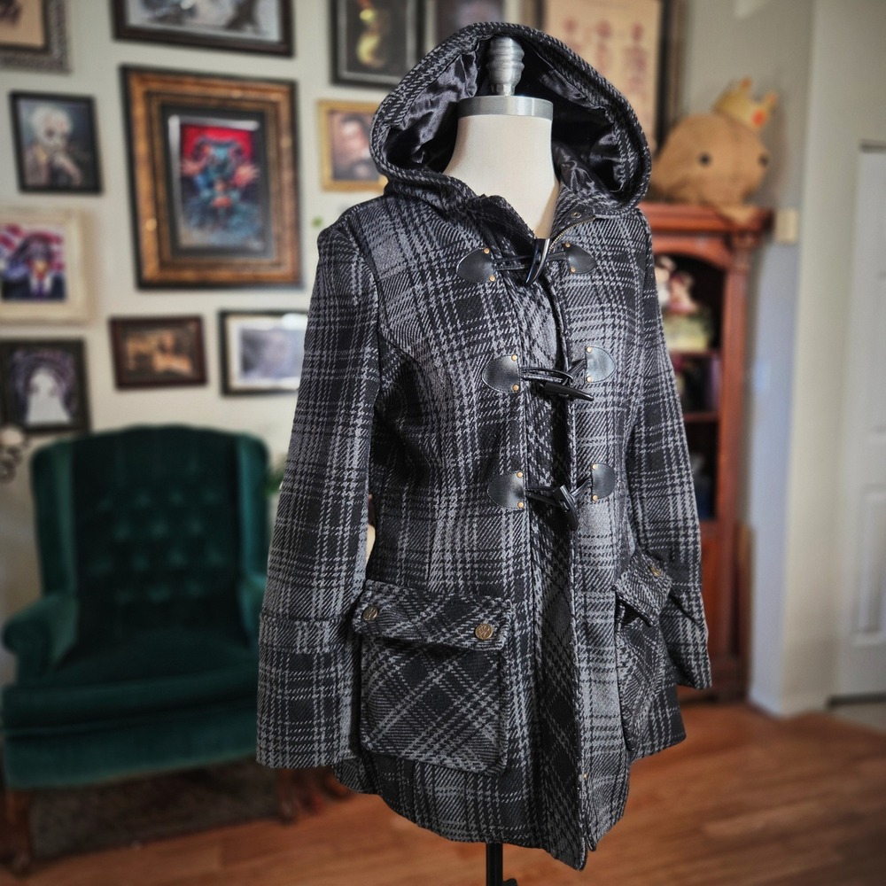 XOXO Womens Plaid Toggle‎ Coat Hooded Wool Blend Size M